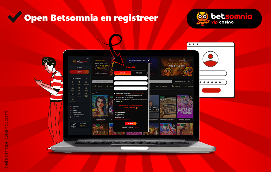 Om live games voor echt geld te spelen bij Betsomnia moet je de officiële site openen en je registreren