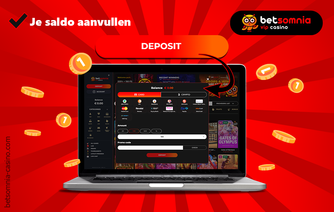 Om in te zetten op live games bij Betsomnia Casino, moet u uw account opwaarderen