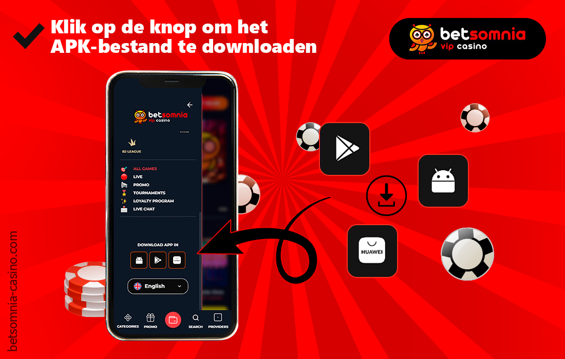 Om te beginnen met het downloaden van de Betsomnia app, selecteer de gewenste knop met het installatiebestand en druk erop