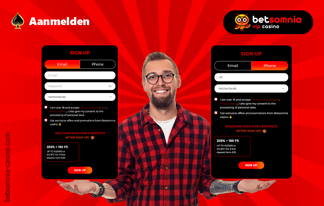 Er zijn twee manieren om een account aan te maken bij Betsomnia Casino - via e-mail of telefoonnummer