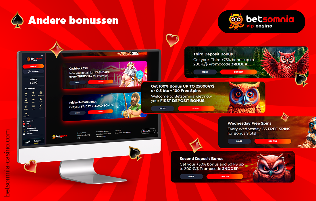 Betsomnia Casino heeft promotiecodes en andere nuttige bonussen om beloningen te ontvangen