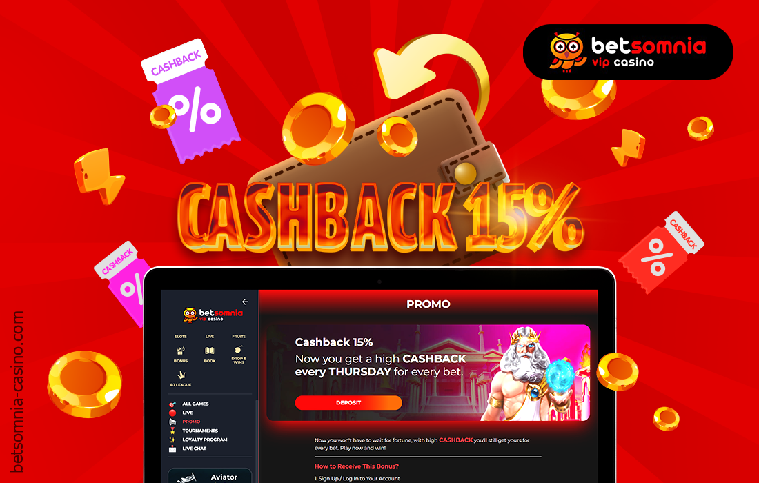 Donderdag Betsomnia gebruikers hebben de mogelijkheid om 15% cashback te krijgen op casino weddenschappen