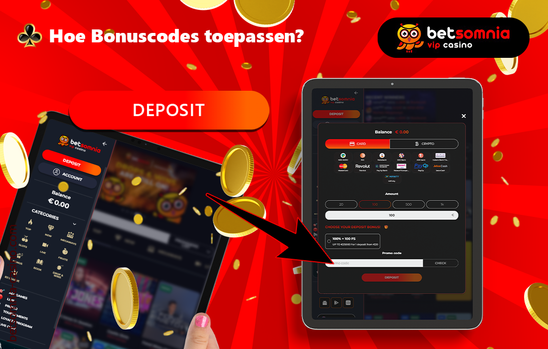 Om de huidige promotiecodes te gebruiken, moet u zich registreren bij Betsomnia Casino en de promotiecode invoeren bij het storten van uw account