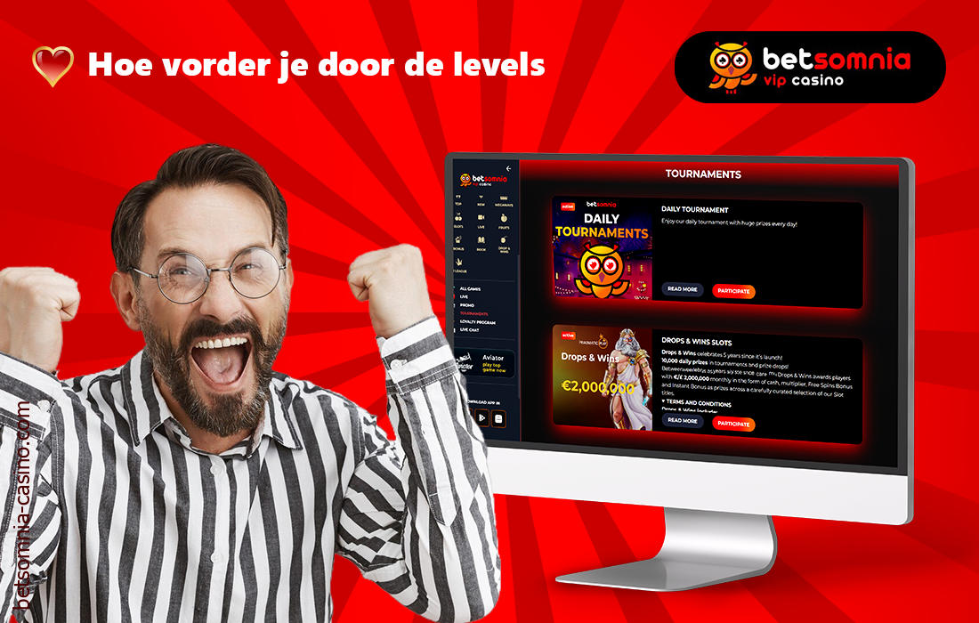 Je moet inzetten en storten om een level omhoog te gaan en beloningen te verdienen bij Betsomnia Casino